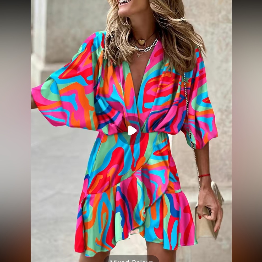Color Block Ruffle Dress, V-neck Dress size small